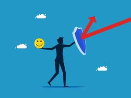 businessman holding shield and smiling face with arrow up vector