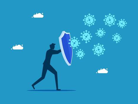 man with shield and red virus on blue background vector