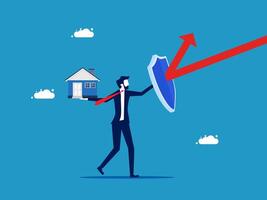 man holding a shield with a house and an arrow pointing up vector