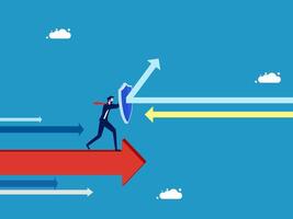 businessman on arrow with shield and arrow pointing up vector