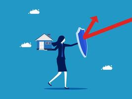 woman holding a shield with a house and an arrow pointing up vector