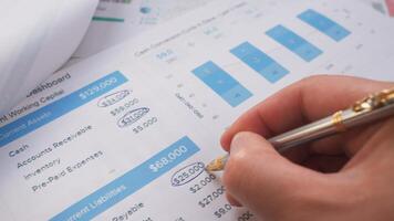 A hand skillfully annotates a variety of financial documents using graphs that effectively illustrate key metrics photo