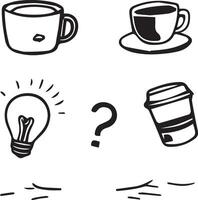 Hand drawn doodle question marks, coffee cup and lightbulb vector