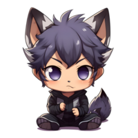 Chibi boy with wolf ears and tail fantasy realm character art whimsical setting close-up view adorable concept png