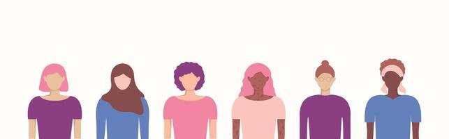 Diversity Women group banner template with copy space. Girls in faceless style on background with empty place text. Flat design Equality Inclusion. Female profiles for holiday poster greeting. vector