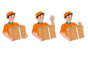 Delivery man in orange Uniform and different poses illustration collection vector