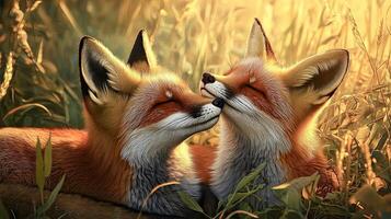 Two cute foxes on a field in the rays of the evening sun,Kissing day photo