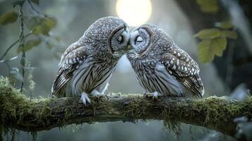 Kissing owls on a branch in the forest photo