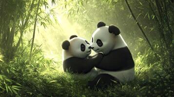 Two pandas in love hugging in the forest in the sunshine on an early summer morning photo