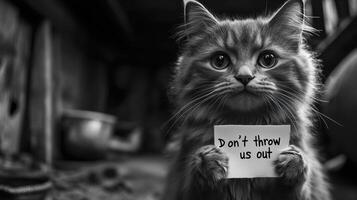 A bw photo of an unhappy cat in the basement of an abandoned house, which was thrown out to live on the street. The cat is holding a note in its paws Don't throw us out