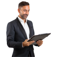 Professional businessman using tablet in modern office setting for innovative solutions and collaboration png