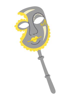 Elegant Venetian style mask on a stick with intricate yellow and gray decorative details, designed in a minimalist artistic style. flat drawing isolated on white background