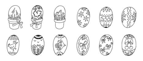 Set of hand drawn outline Easter eggs with floral, ribbon, and bird decorations in black and white doodle style. contour line drawings for coloring pages isolated on white background vector