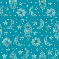 Ramadan pattern with Islamic lanterns, crescents, and stars on a turquoise background, designed in a traditional line art style. illustration with doodle drawings vector