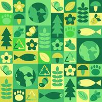 Seamless modular eco-friendly pattern with nature symbols, including Earth, trees, leaves, animals, and recycling icons in a geometric design. geometric illustration for wrapping or wallpaper vector