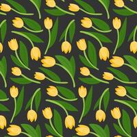Seamless floral pattern with yellow tulips and green leaves on a dark background, designed in a modern botanical style. flat illustration for textile, wrapping paper or wallpaper vector