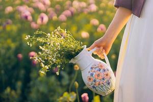 Hand of a young woman and a jug with daisies, flowers in a field photo
