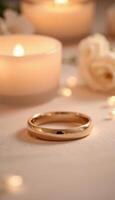 Close up of two polished, glowing gold bands stacked together, symbolizing love and unity in a romantic setting.20 photo