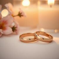 Close up of two polished, glowing gold bands stacked together, symbolizing love and unity in a romantic setting.21 photo