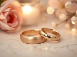 Close up of two polished, glowing gold bands stacked together, symbolizing love and unity in a romantic setting.7 photo