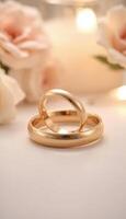 Close up of two polished, glowing gold bands stacked together, symbolizing love and unity in a romantic setting.3 photo