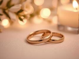 Close up of two polished, glowing gold bands stacked together, symbolizing love and unity in a romantic setting.16 photo