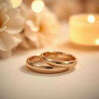 Close up of two polished, glowing gold bands stacked together, symbolizing love and unity in a romantic setting.9 photo