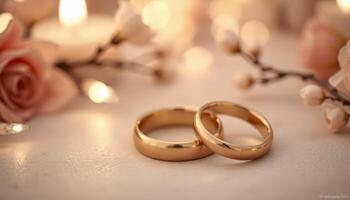 Close up of two polished, glowing gold bands stacked together, symbolizing love and unity in a romantic setting.11 photo