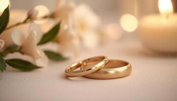 Close up of two polished, glowing gold bands stacked together, symbolizing love and unity in a romantic setting.14 photo