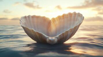 Shell heart shape in sea at sunset photo