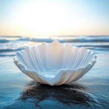 A shell shell on the beach with the ocean in the background photo
