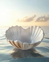 A shell is sitting on the water in the ocean photo