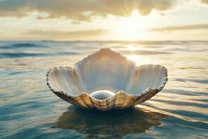 A shell with a pearl in it sitting on the ocean photo
