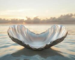 A shell shell is sitting on the water at sunset photo