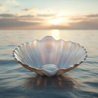 A shell shell is sitting on the water at sunset photo