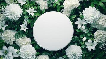 Top down view of an empty podium surrounded by white funeral flowers in a serene setting.r photo
