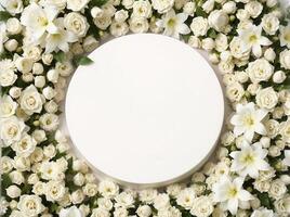 Top down view of an empty podium surrounded by white funeral flowers in a serene setting.17 photo