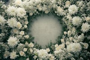 Top down view of an empty podium surrounded by white funeral flowers in a serene setting.i photo
