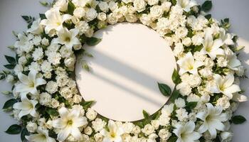 Top down view of an empty podium surrounded by white funeral flowers in a serene setting.7 photo