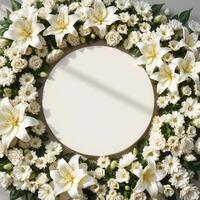 Top down view of an empty podium surrounded by white funeral flowers in a serene setting.10 photo