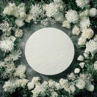 Top down view of an empty podium surrounded by white funeral flowers in a serene setting.f photo