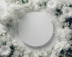 Top down view of an empty podium surrounded by white funeral flowers in a serene setting.v photo