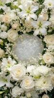 Top down view of an empty podium surrounded by white funeral flowers in a serene setting.k photo