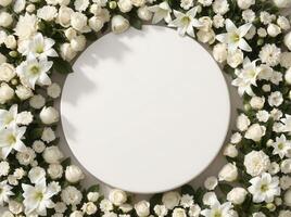 Top down view of an empty podium surrounded by white funeral flowers in a serene setting.5 photo