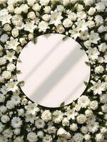 Top down view of an empty podium surrounded by white funeral flowers in a serene setting.1 photo