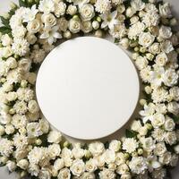Top down view of an empty podium surrounded by white funeral flowers in a serene setting.18 photo