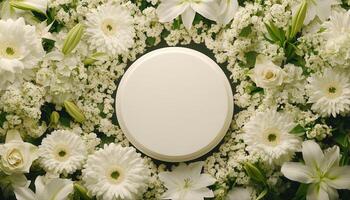 Top down view of an empty podium surrounded by white funeral flowers in a serene setting.0000000x photo