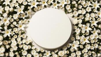 Top down view of an empty podium surrounded by white funeral flowers in a serene setting.4 photo