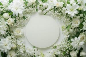 Top down view of an empty podium surrounded by white funeral flowers in a serene setting.d photo