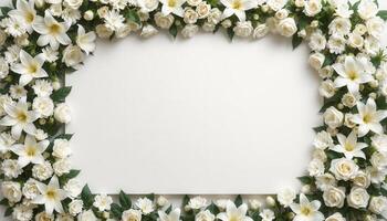 Top down view of an empty podium surrounded by white funeral flowers in a serene setting.20 photo